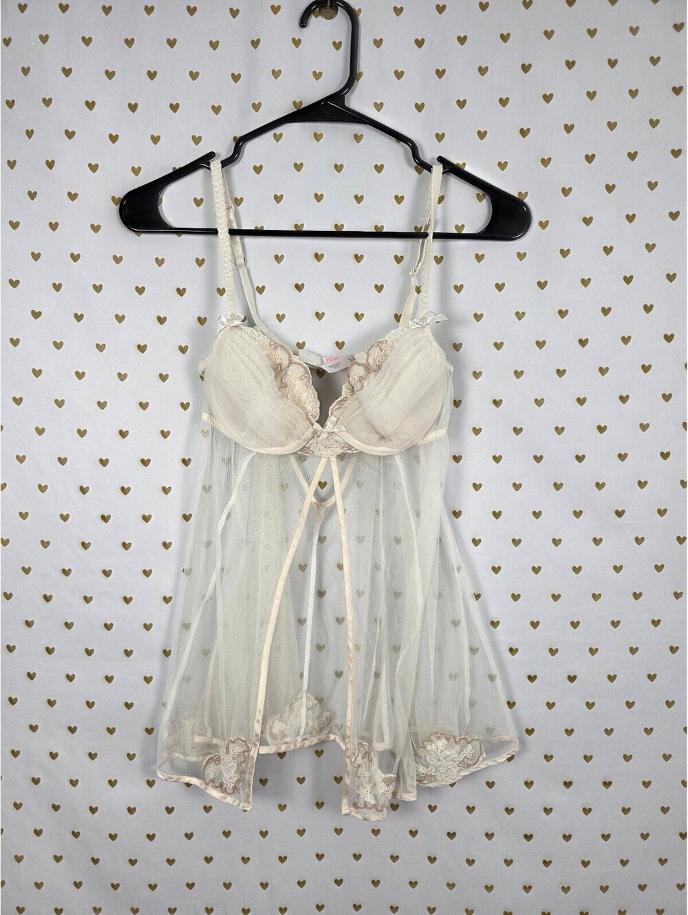 Victoria's Secret 34B 2007 Ivory Sheer Mesh Lace Babydoll Lingerie Y2K